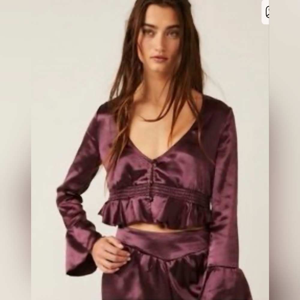 Free People Chasing Love Deep Purple Satin Ruffle Top.